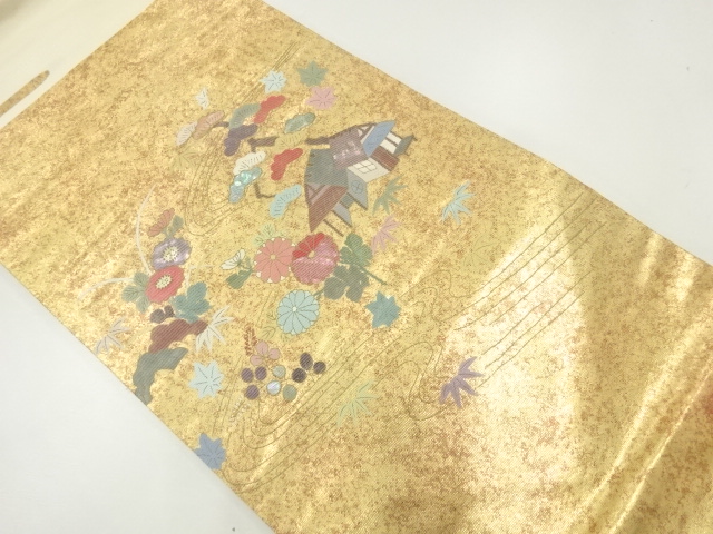 JAPANESE KIMONO / NAGOYA OBI / SILK / SHELL INLAY / HOUSES & PINE & KIKU
